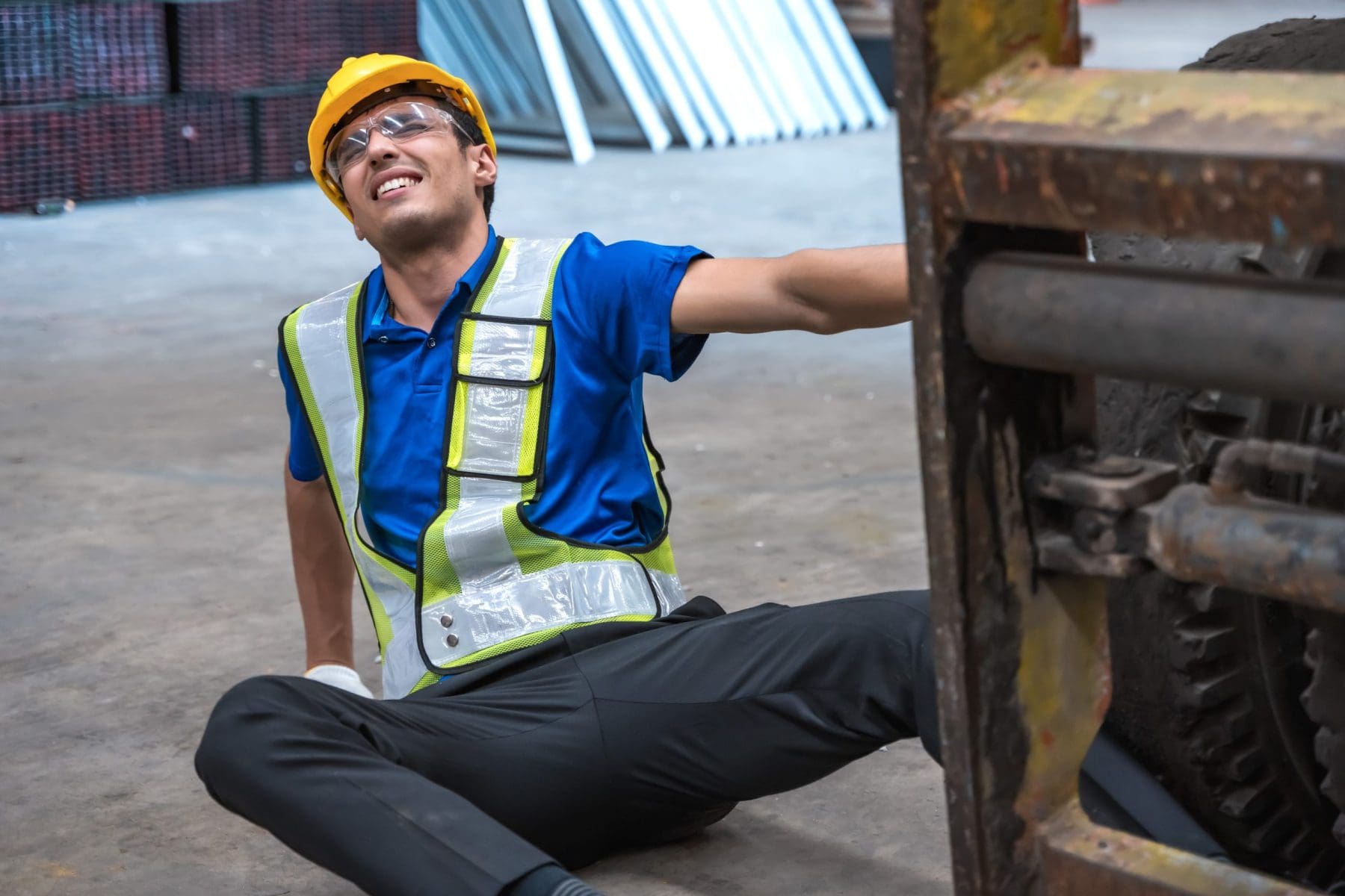 Male worker laying on ground, symbolizing having accident, expression of pain on face.