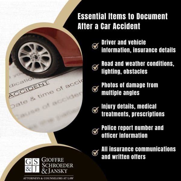 A magnifying glass over a car accident report and the wheel of a small red model car.