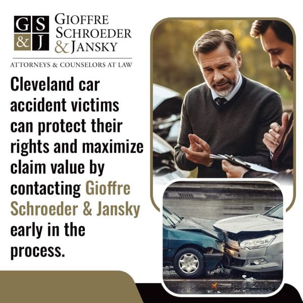 An older man in a sweater discusses paperwork with another person outdoors, and below it, a photo of a two-car front-end collision on a wet road.