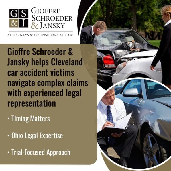 A man and woman inspecting the damage of a rear-end car collision, and the bottom photo shows an investigator in a white shirt and tie taking notes next to a dented silver car.
