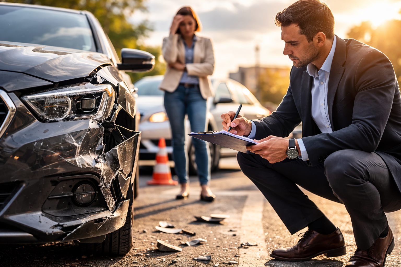 Insurance adjuster documenting front-end damage on a car after a traffic accident while a concerned driver stands nearby.