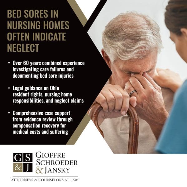 Elderly man sitting with a cane looking distressed while a caregiver offers support, representing nursing home bed sore neglect concerns.