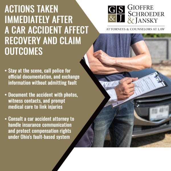 Person filling out an accident report beside a damaged car, highlighting steps to take immediately after a car accident.