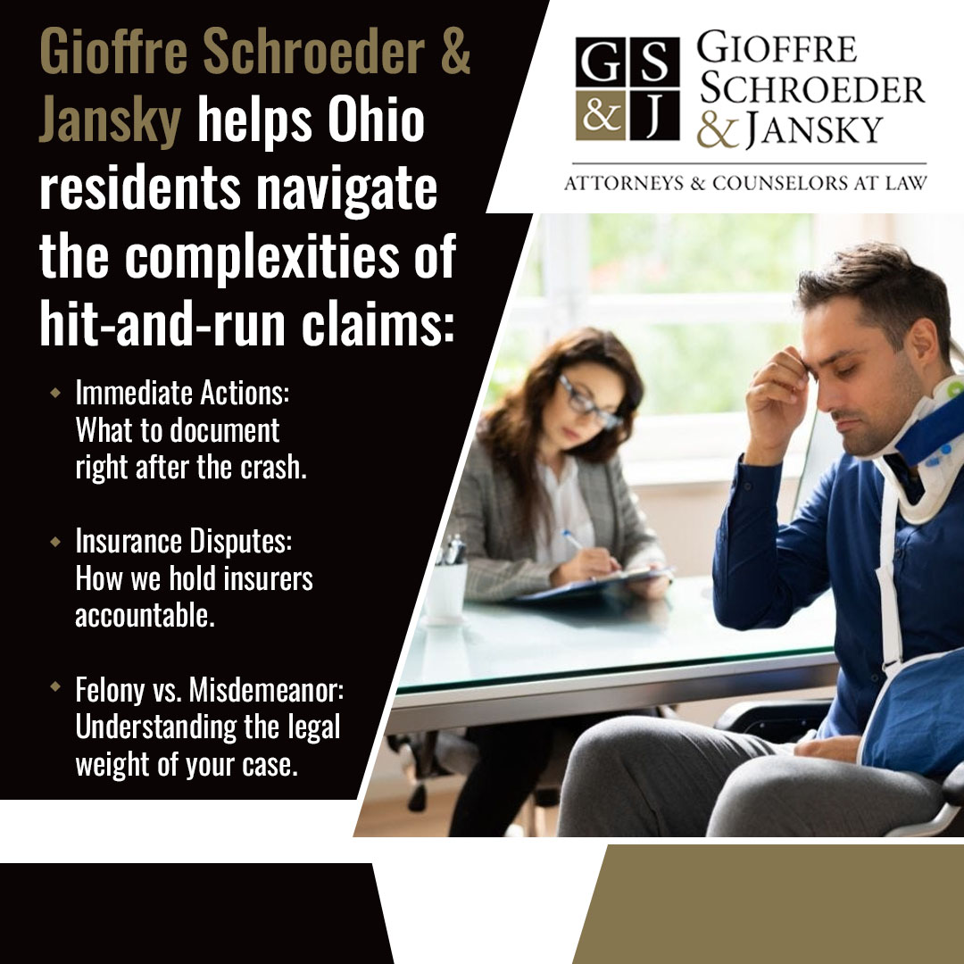 Injured driver with neck brace consulting lawyer about hit-and-run claim and insurance dispute in Ohio
