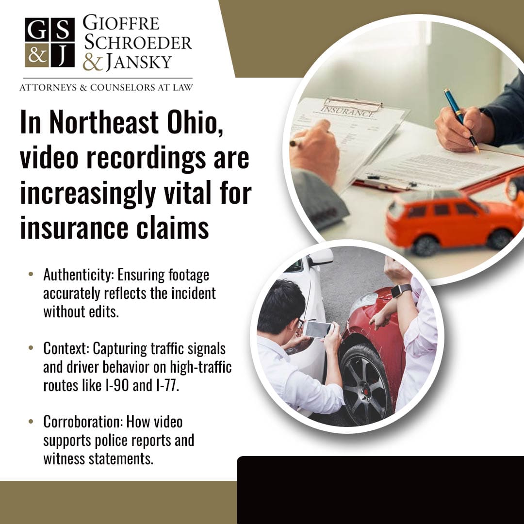 Infographic by Gioffre Schroeder & Jansky Co., L.P.A. explaining why video recordings are vital for Northeast Ohio insurance claims on routes like I-90 and I-77, focusing on authenticity, context, and police report corroboration.