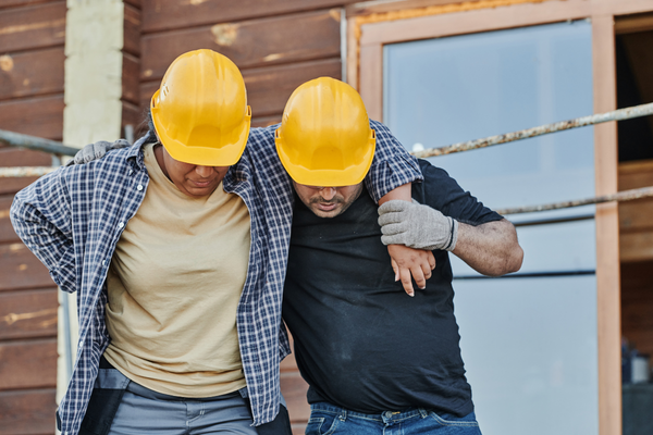 Man holding another man that is hurt, both wearing helmets.